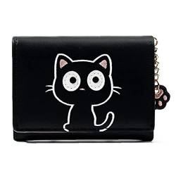 Ruluti Women's Cute Cat Wallets with Cat Paw Pendant Pu Leather Coin Purse Trifold Wallet Bag Card Holder for Teen Girls Black von Ruluti