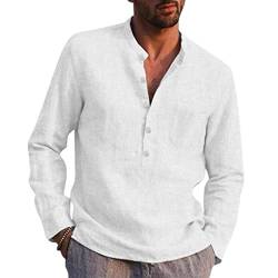 Rumity Baumwolle Leinenhemd Herren Hemd Langarm Stehkragen Sommerhemd Strandhemd Elegant Shirts Hawaii Hemden Hemd Herren Weiss von Rumity