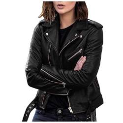 Rumity Damen Lederjacke Bikerjacke – Moderner Echt Leder Jacke Übergangsjacke Stehkragen mit Druckknopf Schwarz Jacke Damen Schwarz Wollmantel Damen Lang von Rumity