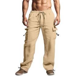 Rumity Herren Leinenhose Lange Weite Sommerhose Kordelzug Yogahose mit Taschen Luftig Sonnenschutz Strandhose Sommerhose Chino Hose Herren Slim Fit Kariert Herren Schwarze Leinenhose Slim Fit von Rumity