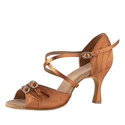 Rummos Damen Latein Tanzschuhe Elite Diana 048 mit Strass-Spange - Material: Satin - Farbe: Dark Tan - Weite: Medium (Normal) - Absatz: 60R Flare - Größe: EUR 39 von Rummos