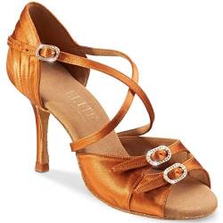 Rummos Damen Latein Tanzschuhe Elite Diana 048 mit Strass-Spange - Material: Satin - Farbe: Dark Tan - Weite: Medium (Normal) - Absatz: 70R Flare - Größe: EUR 37 von Rummos