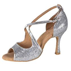 Rummos Damen Tanzschuhe R545 - Leder/GlitterLux Silber - Medium (Normal) - 7 cm Flare - EUR 37 von Rummos