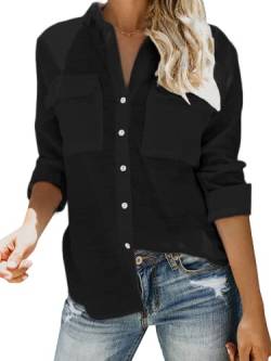 Damen-Bluse mit Knopfleiste, V-Ausschnitt, langärmelig, aufrollbare Ärmel, leger, Arbeit, einfarbig, mit Taschen, Schwarz, Klein von Runcati