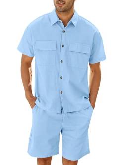 Herren 2-teiliges Leinen Set Strand Knopfleiste Hemd und Shorts Kurzarm Sommer Outfits Blau L von Runcati