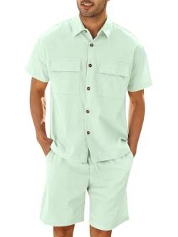 Herren 2-teiliges Leinen Set Strand Knopfleiste Hemd und Shorts Kurzarm Sommer Outfits Mintgrün XL von Runcati