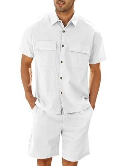 Herren 2-teiliges Leinen Set Strand Knopfleiste Hemd und Shorts Kurzarm Sommer Outfits Weiß L von Runcati