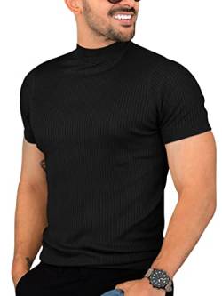 Herren Casual Slim Fit Basic Tops Kurzarm Shirt Rollkragen T-Shirts Rippstrick Stretch Pullover Sweater, Schwarz, XL von Runcati