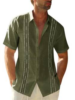 Herren Kurzarm Guayabera Hemden Leinen Baumwolle Knopfleiste mexikanisch bestickt kubanische Hochzeit Sommer Tops, Grün (Army Green), XL von Runcati