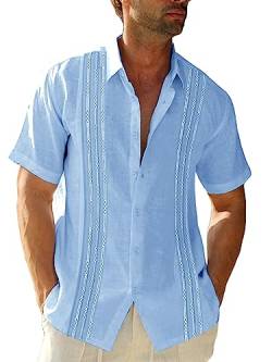 Herren Kurzarm Guayabera Hemden Leinen Baumwolle Knopfleiste mexikanisch bestickt kubanische Hochzeit Sommer Tops, Sky Blue, Mittel von Runcati