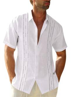 Herren Kurzarm Guayabera Hemden Leinen Baumwolle Knopfleiste mexikanisch bestickt kubanische Hochzeit Sommer Tops, White, XX-Large von Runcati