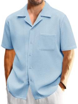 Herren Waffelhemd mit Knopfleiste, kurze Ärmel, lockere Passform, kubanischer Sommer, Strand, einfarbig, Himmelblau, Mittel von Runcati