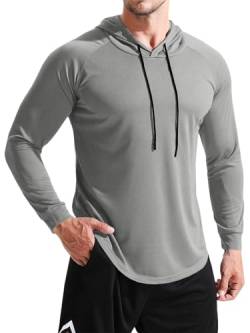 Herren Workout Hoodie Sommer Langarm Stretch Sweatshirt Running Schnell Trocken Sportliches Shirt, Grau, XL von Runcati