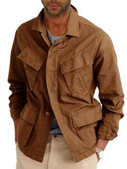 Leichte Safari-Jacke für Herren, mit Knopfleiste, Baumwolle, Outdoor, Militär, Reißverschluss, Cargo, lange Ärmel, Braun, XL von Runcati