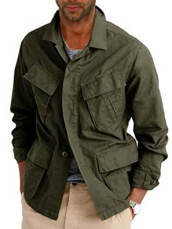 Leichte Safari-Jacke für Herren, mit Knopfleiste, Baumwolle, Outdoor, Militär, Reißverschluss, Cargo, lange Ärmel, Grün (Army Green), L von Runcati