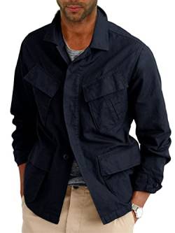 Leichte Safari-Jacke für Herren, mit Knopfleiste, Baumwolle, Outdoor, Militär, Reißverschluss, Cargo, lange Ärmel, Marineblau, M von Runcati