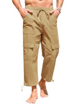 Runcati Baumwolle Leinenhose Herren Sommerhose Leicht Freizeithose Cargohose Männer Beach Yoga Hosen, Khaki, XL von Runcati