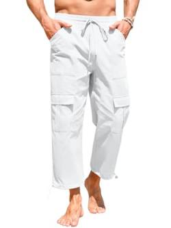 Runcati Baumwolle Leinenhose Herren Sommerhose Leicht Freizeithose Cargohose Männer Beach Yoga Hosen, Weiß, XL von Runcati
