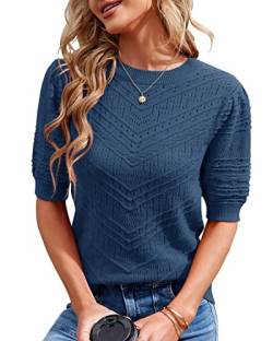 Runcati Damen Kurzarm Strickpullover Casual Rundhals Puffärmel Elegante Einfarbige Sweateshirt Pullover,Dunkelblau,M von Runcati