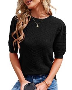 Runcati Damen Kurzarm Strickpullover Casual Rundhals Puffärmel Elegante Einfarbige Sweateshirt Pullover,Schwarz,M von Runcati