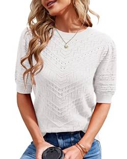 Runcati Damen Kurzarm Strickpullover Casual Rundhals Puffärmel Elegante Einfarbige Sweateshirt Pullover,Weiß,M von Runcati