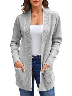 Runcati Damen Lange Strickjacke Classic Elegant Open Front Strick Cardigan Langarm Taschen Pullover Grau M von Runcati