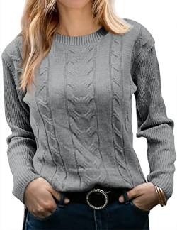 Runcati Damen Pullover Casual Einfarbige Langarm Kabel Stricken Crewneck Soft Elegant Chunky Pullunder Sweater Grau S von Runcati