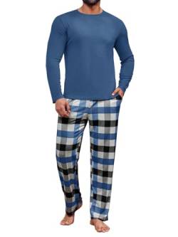Runcati Herren 2 Stück Pyjama Set Kariert Nachtwäsche PJ Relaxed Fit Stretch Lounge Nachtwäsche Sets Blau, XL von Runcati