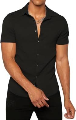 Runcati Herren Button Down Hemden Business Freizeithemd Sommerhemd Solide Farbe Kurzarm Weich Casual Beach Tops Schwarz XXL von Runcati