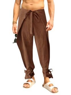 Runcati Herren-Hose aus Baumwollleinen, Thai-Angler, Wickelhose, lässig, leicht, Strand, Yoga, lockere Passform, Braun, X-Groß von Runcati