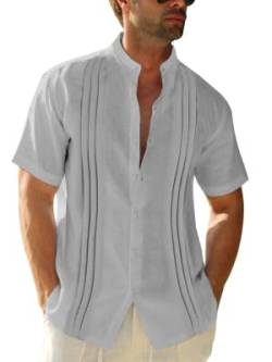 Runcati Herren Kurzarm Guayabera Hemd Baumwolle Leinen Stehkragen Strandhemd Streifen Sommerhemd Grau L von Runcati