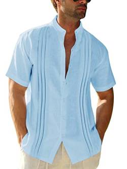 Runcati Herren Kurzarm Guayabera Hemd Baumwolle Leinen Stehkragen Strandhemd Streifen Sommerhemd Himmelblau M von Runcati