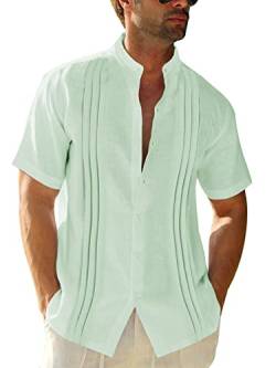 Runcati Herren Kurzarm Guayabera Hemd Baumwolle Leinen Stehkragen Strandhemd Streifen Sommerhemd Mintgrün XL von Runcati