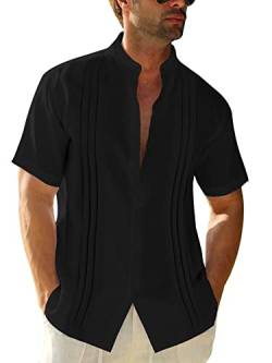 Runcati Herren Kurzarm Guayabera Hemd Baumwolle Leinen Stehkragen Strandhemd Streifen Sommerhemd Schwarz L von Runcati