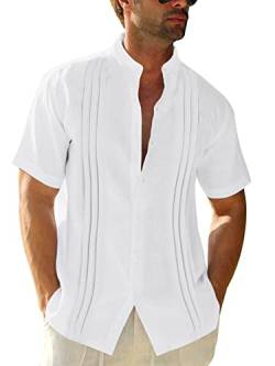 Runcati Herren Kurzarm Guayabera Hemd Baumwolle Leinen Stehkragen Strandhemd Streifen Sommerhemd Weiß M von Runcati