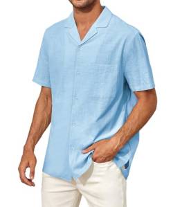 Runcati Herren Kurzarm Kuba Sommerhemd Baumwolle Strand Shirts Freizeithemd Lässig Regular Fit Männer Tops, Blau, L von Runcati