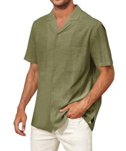 Runcati Herren Kurzarm Kuba Sommerhemd Baumwolle Strand Shirts Freizeithemd Lässig Regular Fit Männer Tops, Olivgrün, L von Runcati