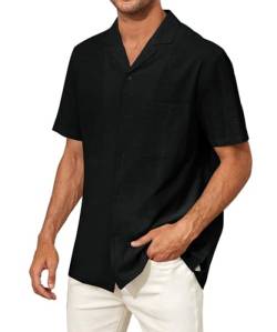 Runcati Herren Kurzarm Kuba Sommerhemd Baumwolle Strand Shirts Freizeithemd Lässig Regular Fit Männer Tops, Schwarz, L von Runcati