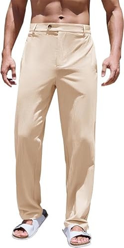 Runcati Herren Leinenhose Lang Leicht Baumwolle Hose Loose Fit Sommerhose Casual Freizeithose Sommer Strand Hosen Yoga Khaki M von Runcati