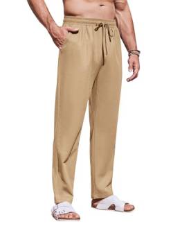 Runcati Herren Leinenhose Loose Fit Herren Hosen Stilvolle Sommerhose Angenehme Praktische Männer Freizeithose Beige Mittel von Runcati