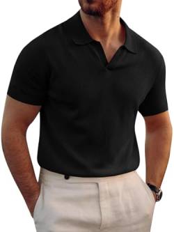 Runcati Herren Strick-Poloshirt Muscle Kurzarm V-Ausschnitt Stretch Casual Slim Fit Vintage gerippt Golf T-Shirt, Schwarz, Mittel von Runcati
