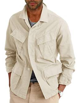 Runcati Leichte Safari-Jacke für Herren, Baumwolle, mit Knopfleiste, Outdoor, Militär, Cargo-Oberbekleidung, Khaki, L von Runcati
