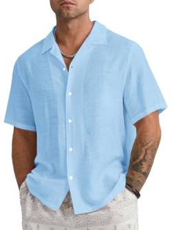 Runcati Leinenhemd Herren Freizeithemd Herren Kurzarm Sommerhemd Business Shirts Strandhemd für Männer, Blau, XXL von Runcati