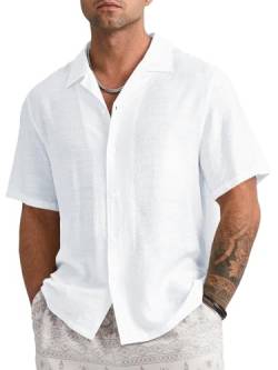 Runcati Leinenhemd Herren Freizeithemd Herren Kurzarm Sommerhemd Business Shirts Strandhemd für Männer, Weiß, L von Runcati