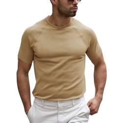 Runcati T-Shirt Herren Kurzarm Strickshirt Casual Stretch Slim Fit Feinstrick Rundhals Einfarbig Basic Sommer Pullover Top Khaki M von Runcati