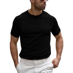 Runcati T-Shirt Herren Kurzarm Strickshirt Casual Stretch Slim Fit Feinstrick Rundhals Einfarbig Basic Sommer Pullover Top Schwarz L von Runcati