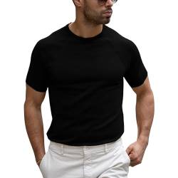 Runcati T-Shirt Herren Kurzarm Strickshirt Casual Stretch Slim Fit Feinstrick Rundhals Einfarbig Basic Sommer Pullover Top Schwarz XL von Runcati