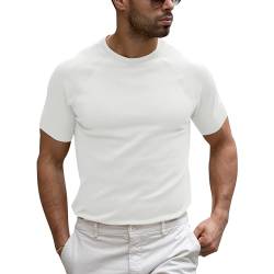 Runcati T-Shirt Herren Kurzarm Strickshirt Casual Stretch Slim Fit Feinstrick Rundhals Einfarbig Basic Sommer Pullover Top Weiß L von Runcati