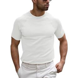 Runcati T-Shirt Herren Kurzarm Strickshirt Casual Stretch Slim Fit Feinstrick Rundhals Einfarbig Basic Sommer Pullover Top Weiß XXL von Runcati