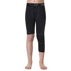 Runhit Kompressions-Leggings für Jungen, mit einem Bein, für Basketball, Hockey, Laufen, Jugendliche, Kinder, Sport-Basisschicht, Schwarz: 3/4 lang links & kurz halb rechts, Klein von Runhit